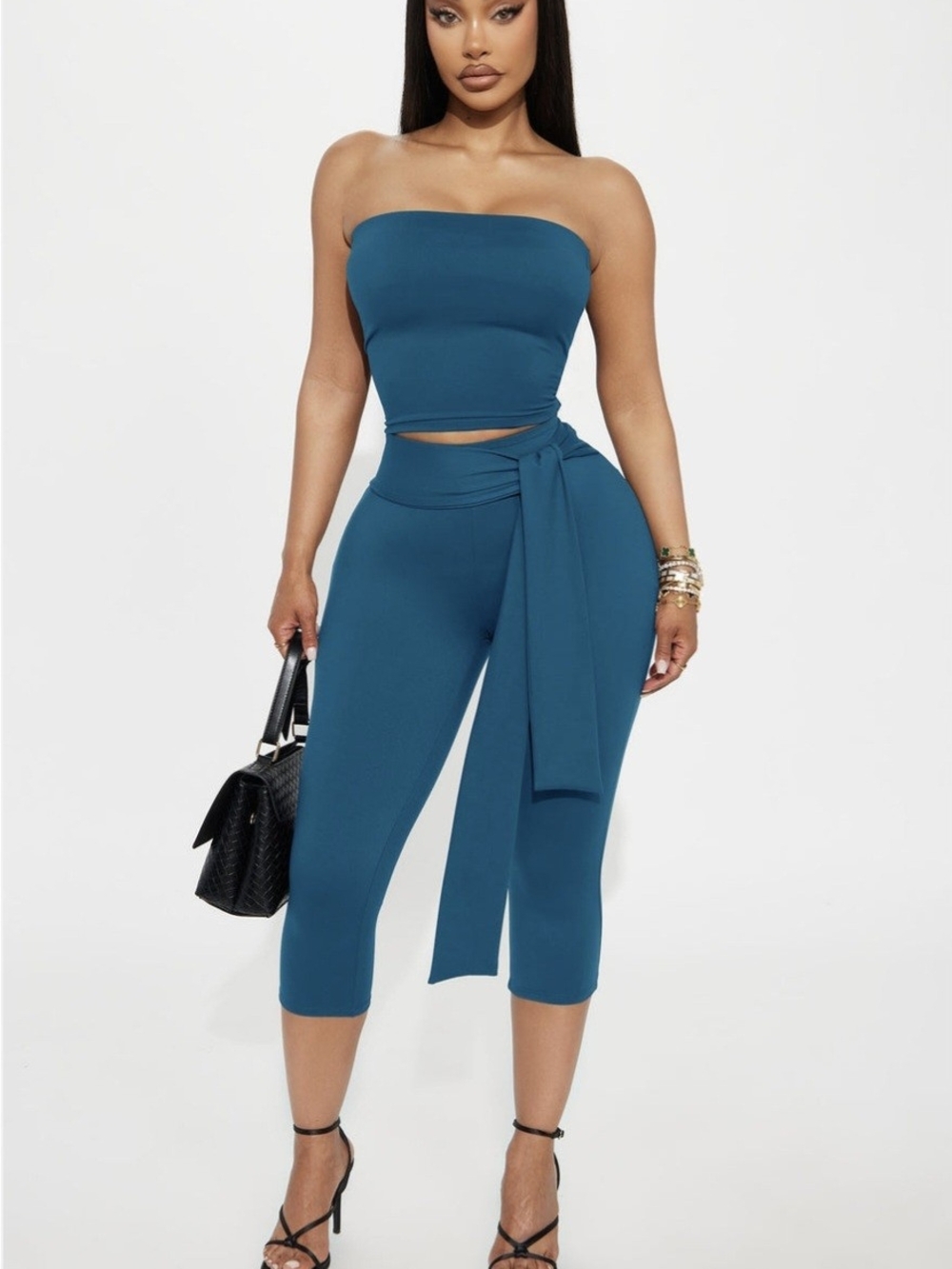 Fashion Nova Teal Strapless Tie-Waist Capri Jumpsuit